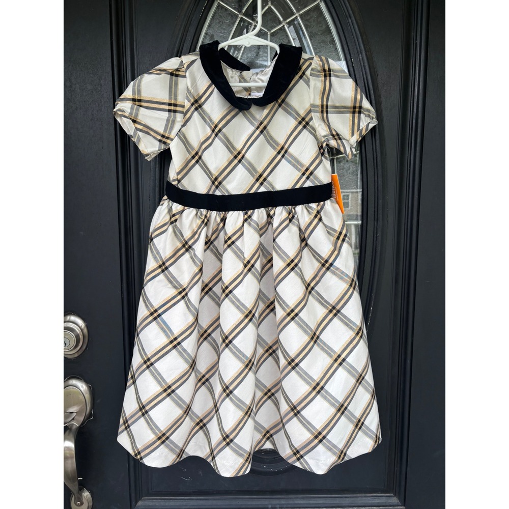 Gymboree Girls Size 7 Winter Wonderland Gold Plaid Velvet Trim Holiday Dress NEW